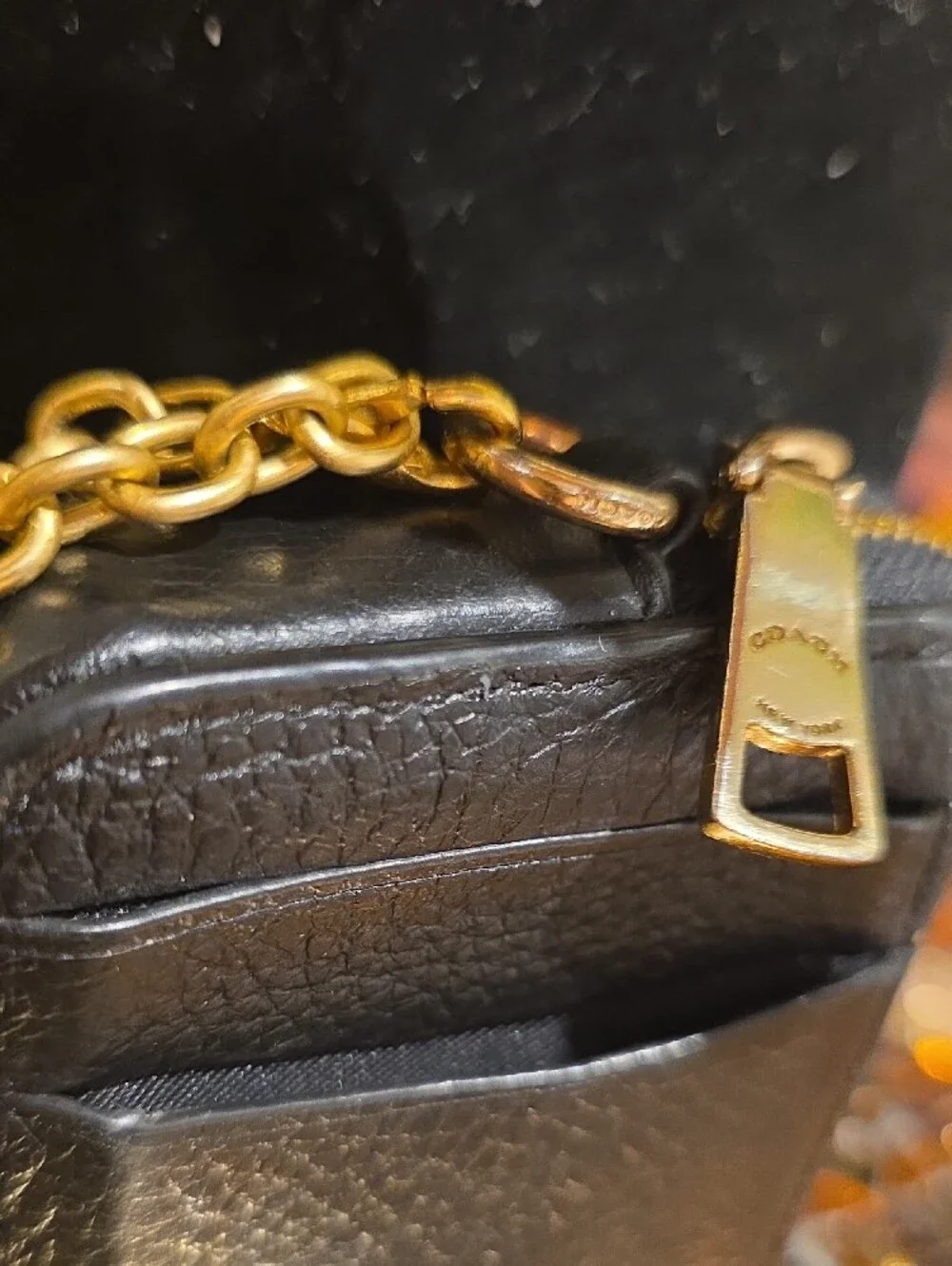 Coach Black Pebbled Leather Mini Wallet with Gold Chain
